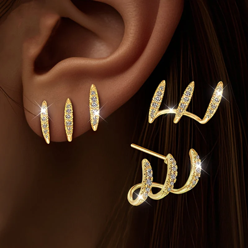 Eleganckie kolczyki typu stud z kryształkami górskimi i trzema ząbkami - Image 2