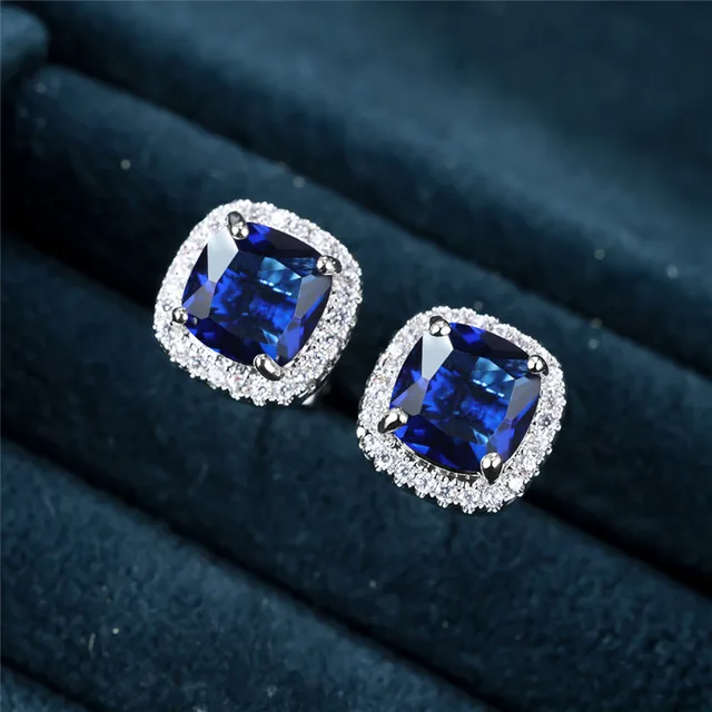 Kwadratowe kolczyki z szafirem | Białe złoto - Image 3